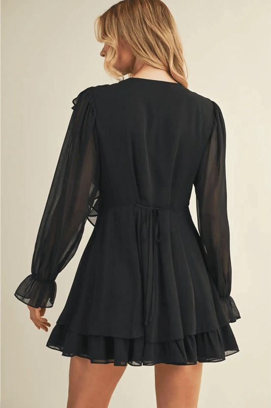 Tie Front Ruffled Black Short Dress
