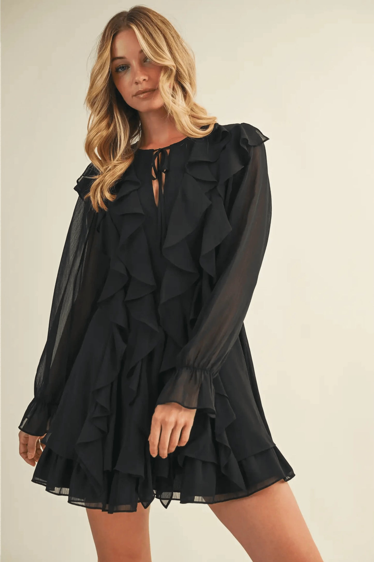 Tie Front Ruffled Black Short Dress - IVORYNN