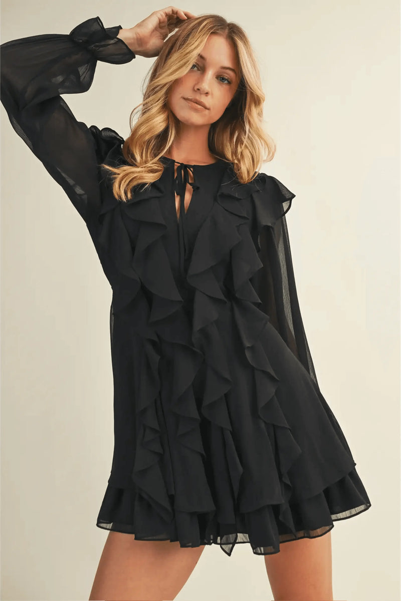 Tie Front Ruffled Black Short Dress - IVORYNN