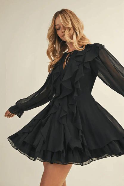 Tie Front Ruffled Black Short Dress - IVORYNN