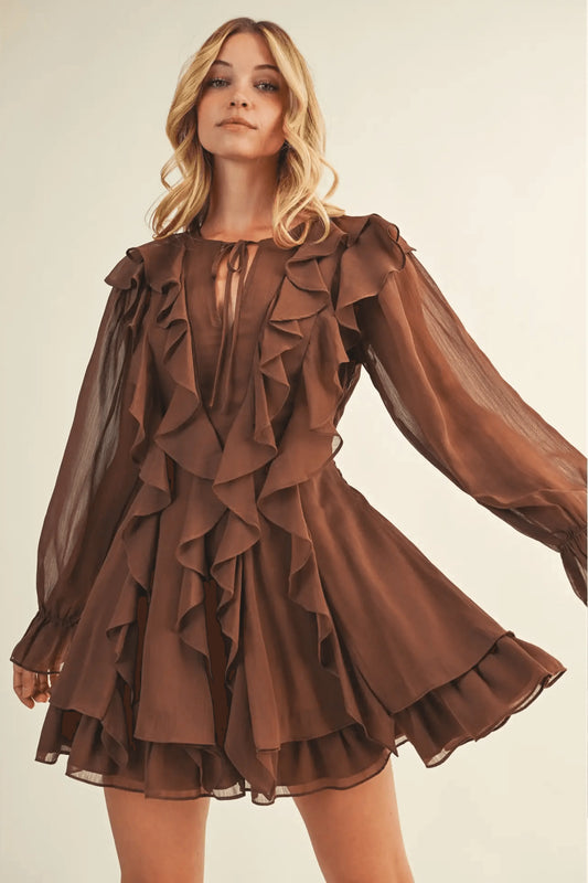 Tie Front Ruffled Brown Short Dress