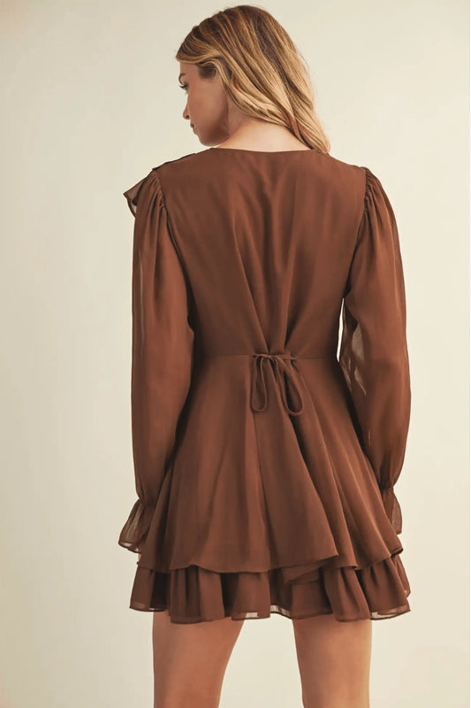 Tie Front Ruffled Brown Short Dress