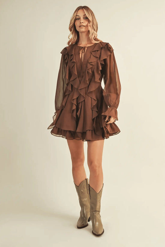 Tie Front Ruffled Brown Short Dress - IVORYNN
