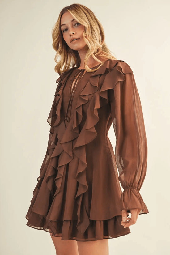 Tie Front Ruffled Brown Short Dress - IVORYNN