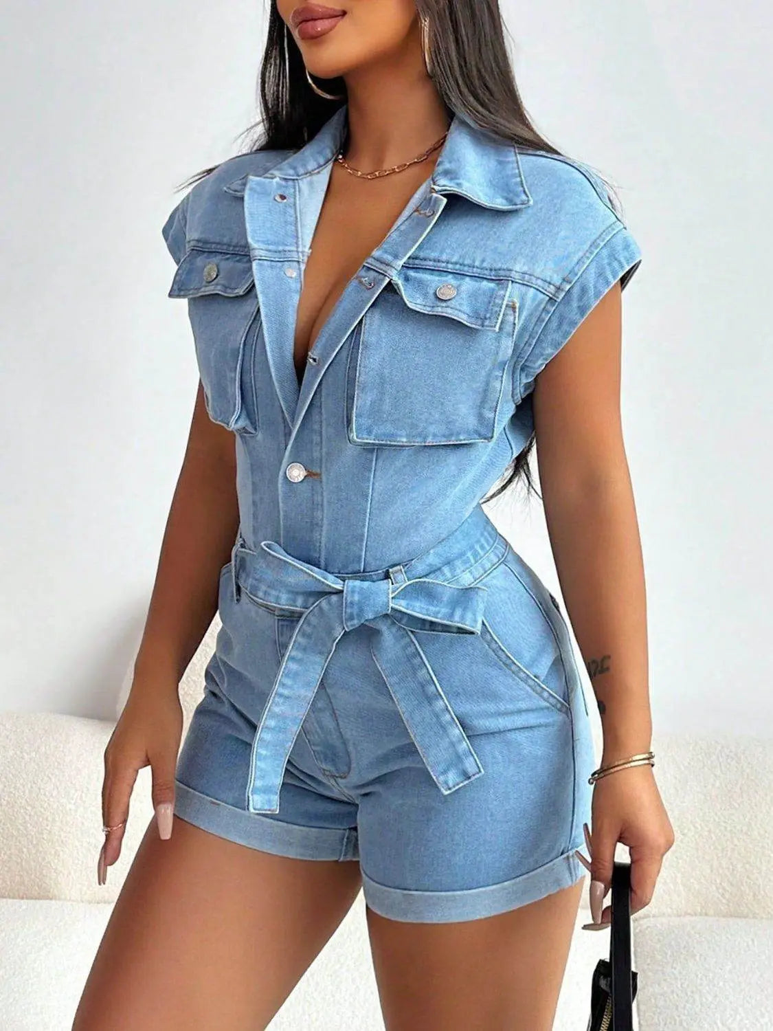 Tie Waist Cap Sleeve Denim Romper - IVORYNN