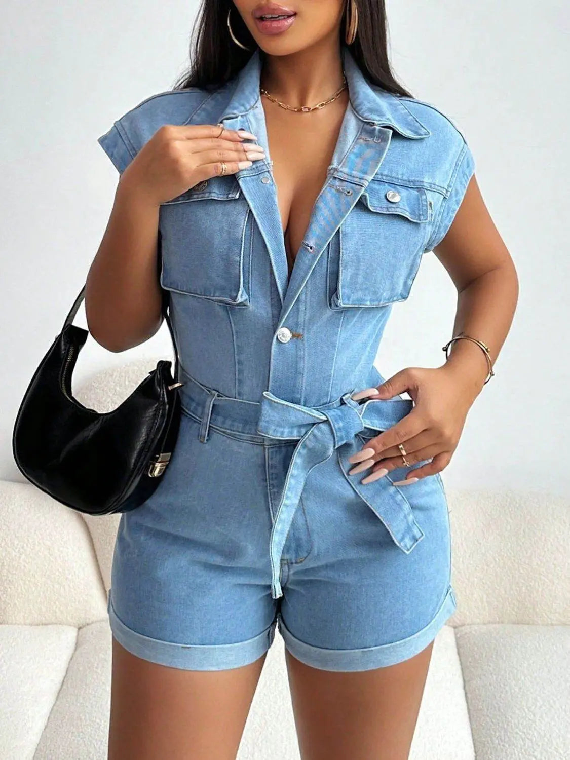 Tie Waist Cap Sleeve Denim Romper - IVORYNN