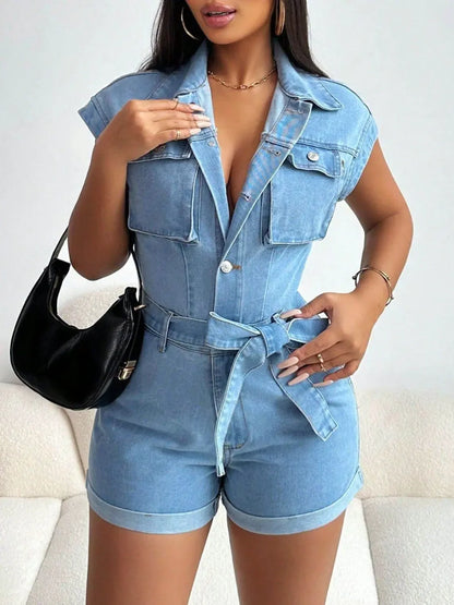 Tie Waist Cap Sleeve Denim Romper - IVORYNN