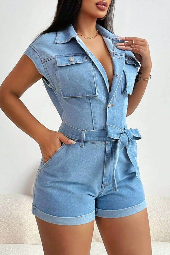 Tie Waist Cap Sleeve Denim Romper - IVORYNN