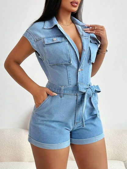 Tie Waist Cap Sleeve Denim Romper - IVORYNN