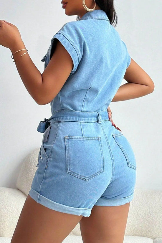 Tie Waist Cap Sleeve Denim Romper - IVORYNN