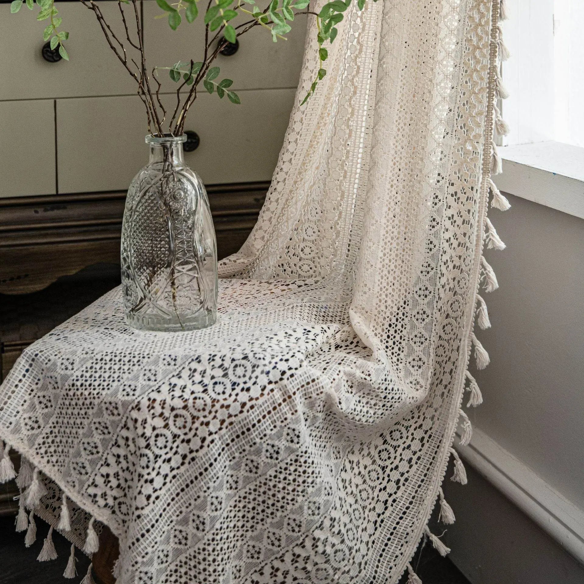 Translucent American Country Hollow Crochet Curtain - IVORYNN