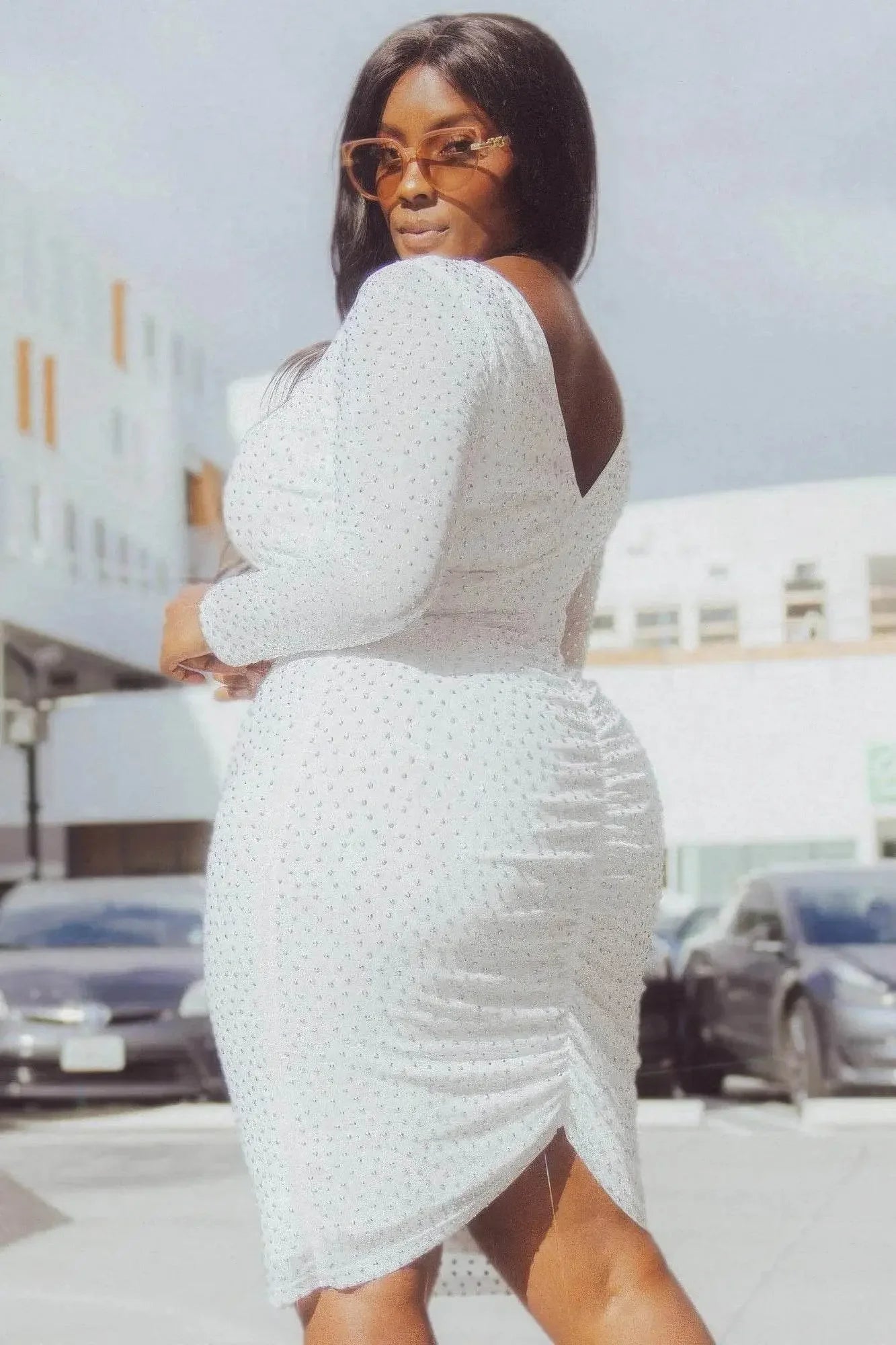 Translucent Silver Rhinestone Midi Dress - IVORYNN