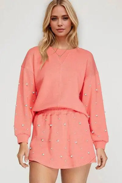Trim Round Neck Long Sleeve Top and Skirt Set