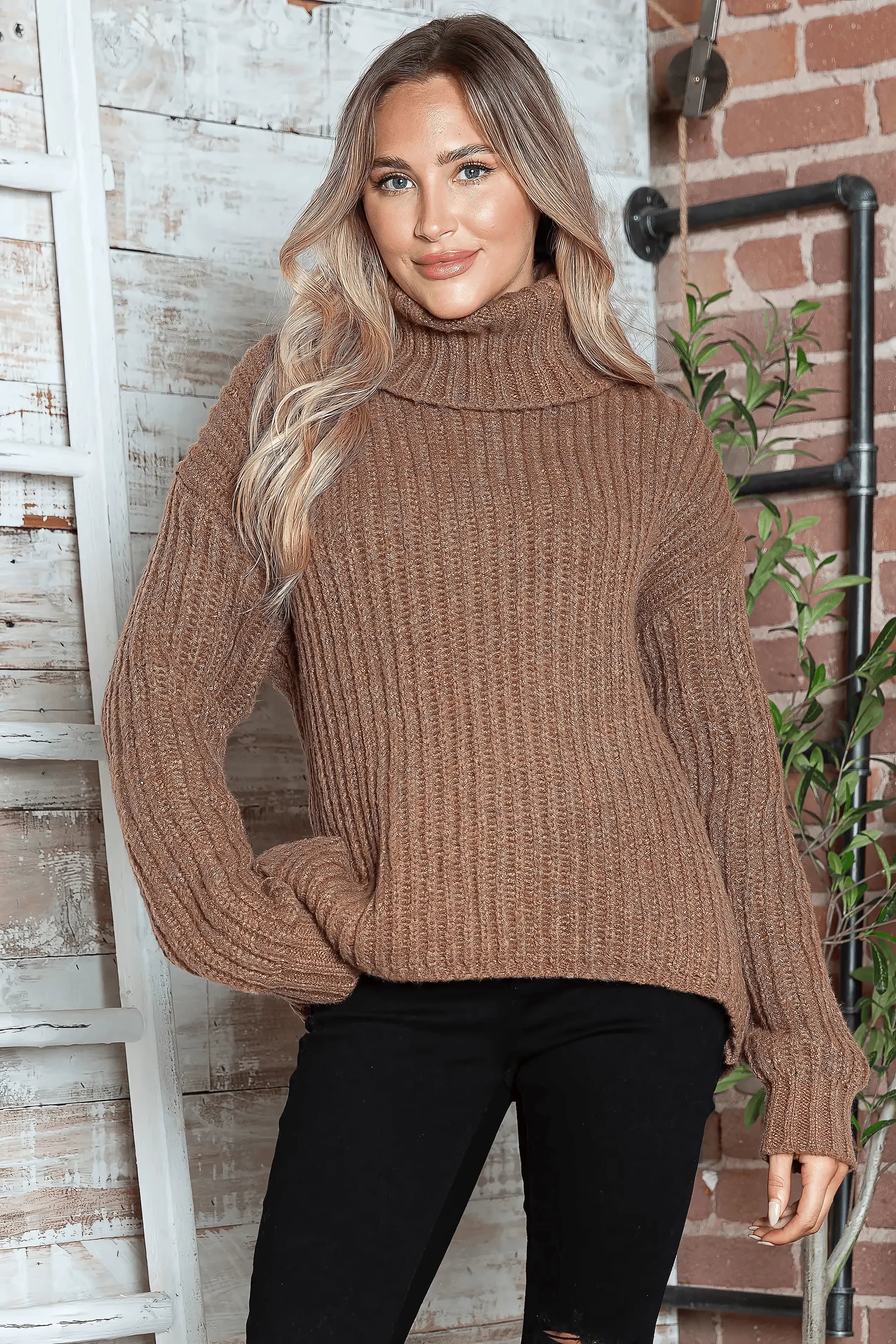 Turtleneck Dropped Shoulder  Pullover Sweater - IVORYNN