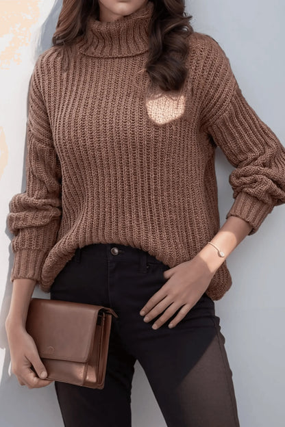 Turtleneck Dropped Shoulder  Pullover Sweater - IVORYNN