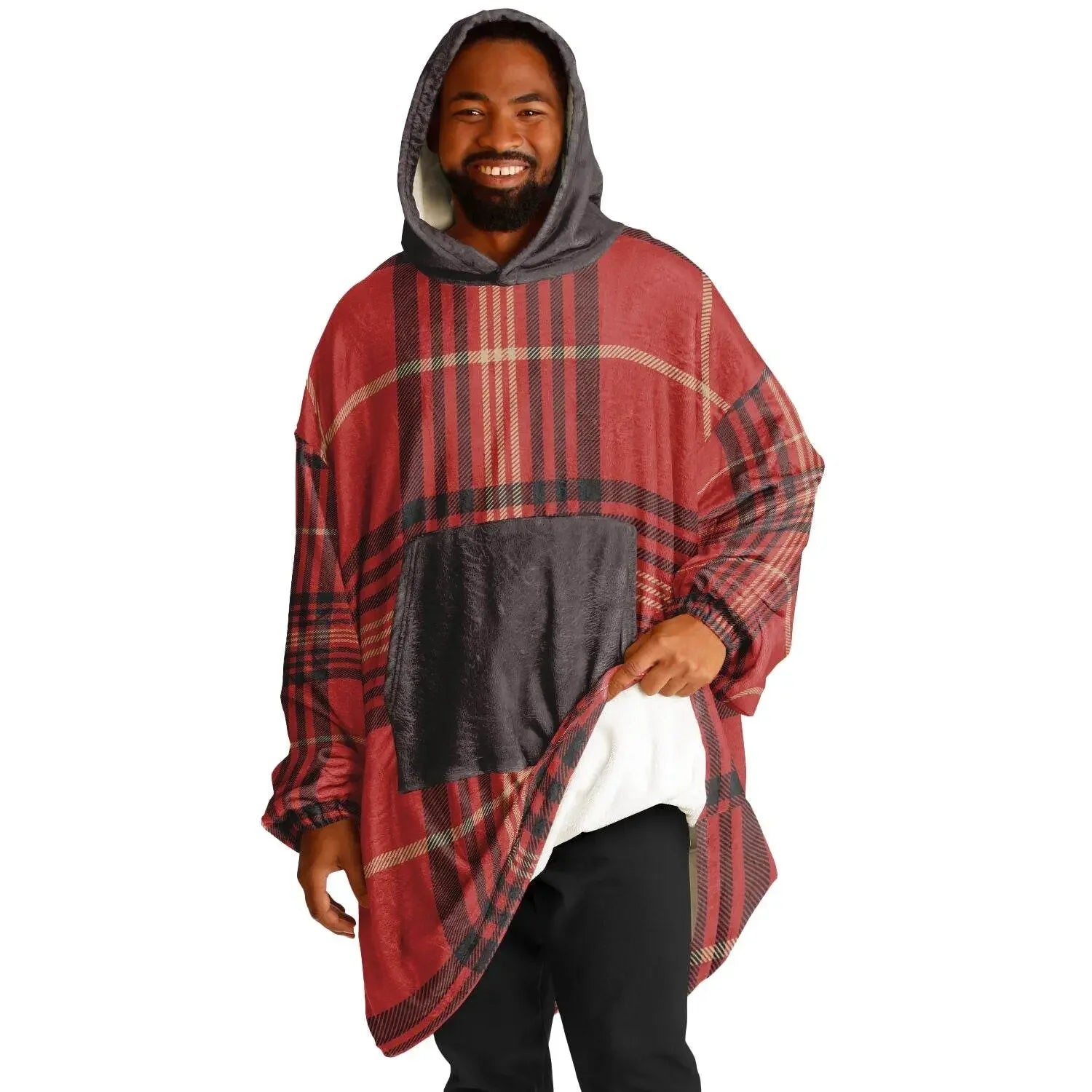 Man wearing ultra-soft ivory men's cozy hoodie with red plaid pattern from Ivorynn