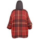 Back view of ultra-soft plaid men's hoodie in red and black, cozy apparel from Ivorynn