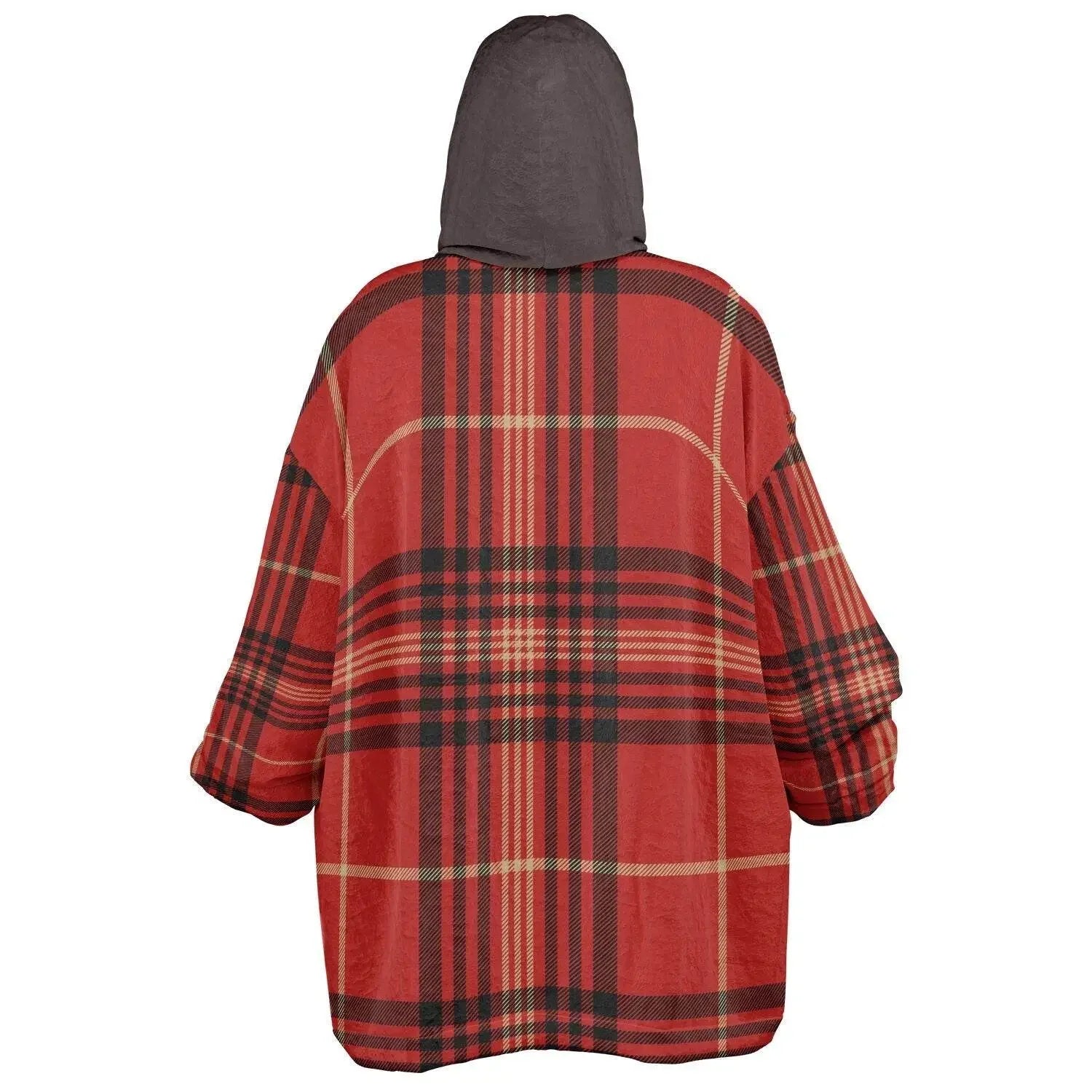 Back view of ultra-soft plaid men's hoodie in red and black, cozy apparel from Ivorynn