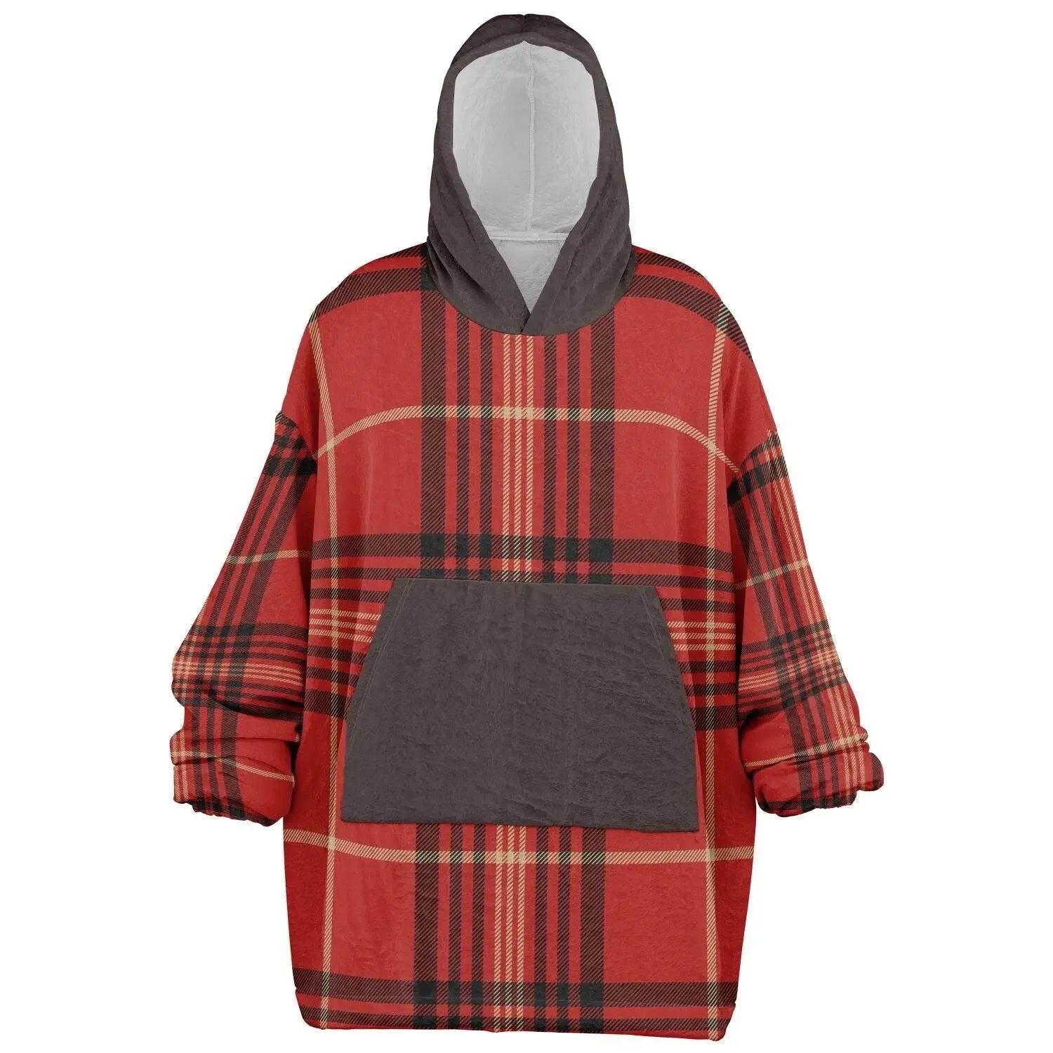Red plaid ultra-soft men’s cozy hoodie with front pocket and hood, Ivorynn fashion