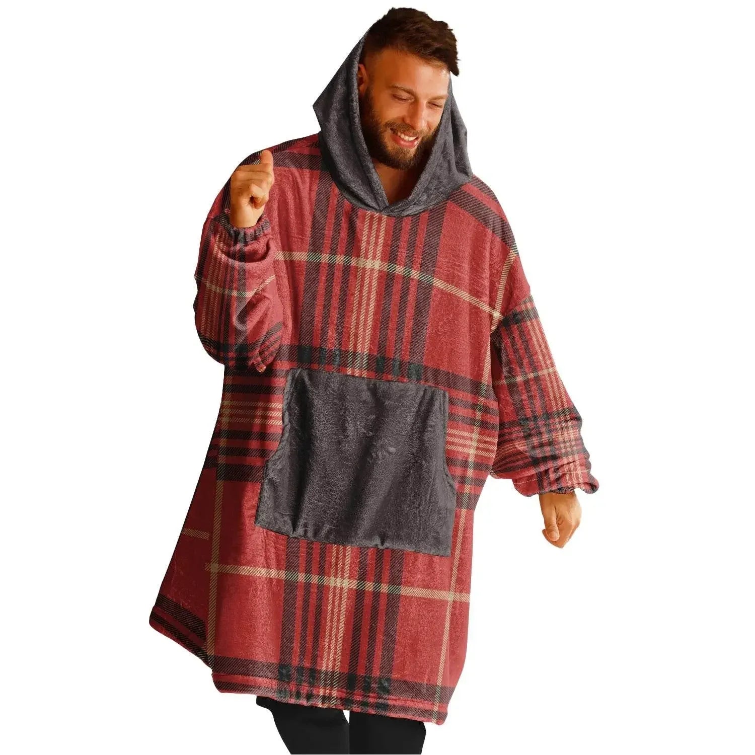 Man wearing ultra-soft ivory plaid hoodie blanket with gray pocket, cozy loungewear from Ivorynn