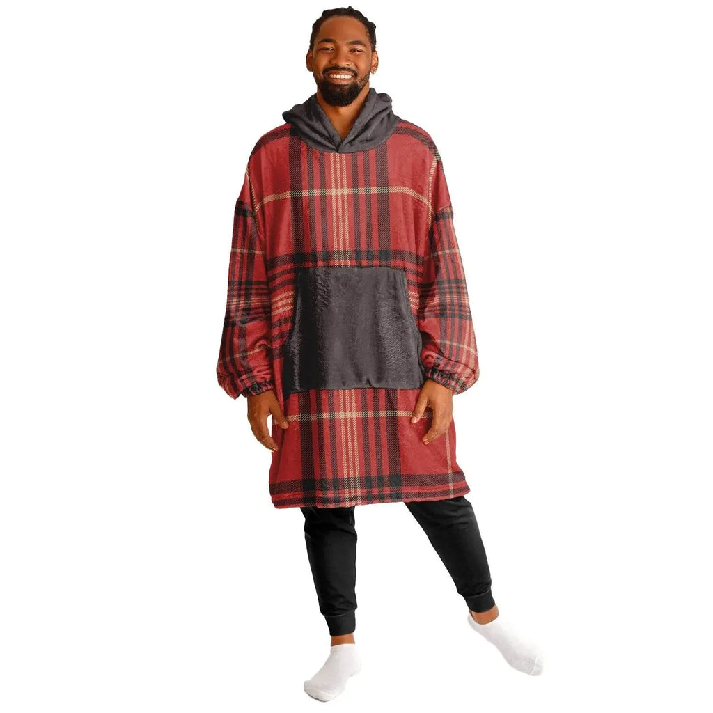 Man in ultra-soft red plaid cozy hoodie with gray hood and pocket, modeling Ivorynn men's loungewear
