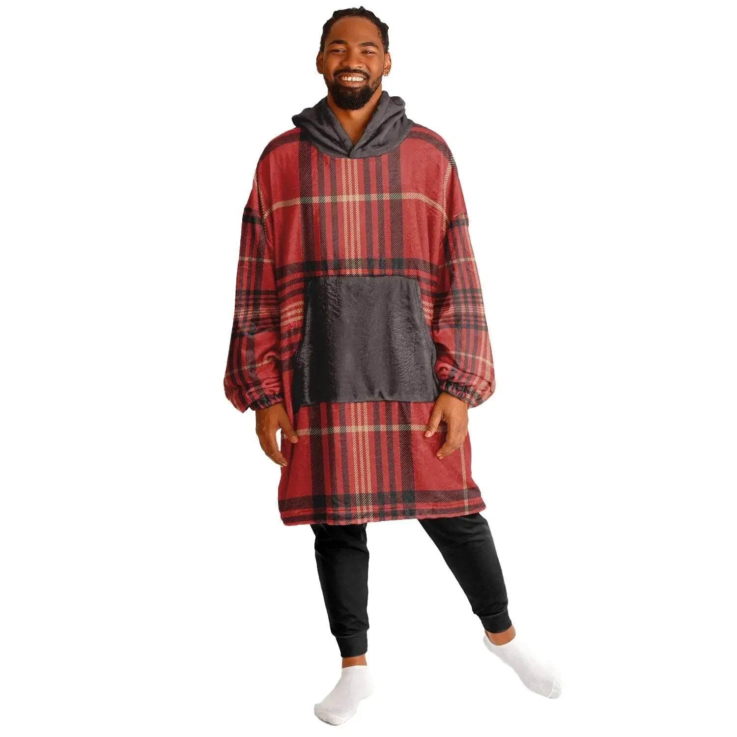 Man in ultra-soft red plaid cozy hoodie with gray hood and pocket, modeling Ivorynn men's loungewear