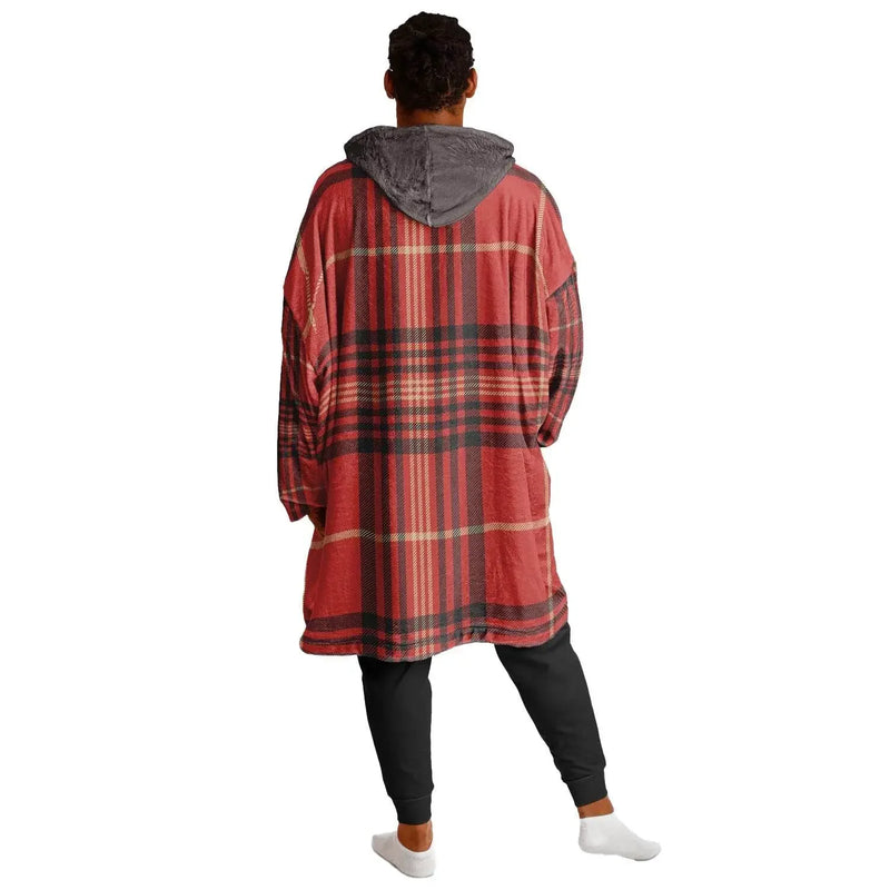 Man wearing ultra-soft oversized red plaid hoodie with gray hood from Ivorynn, back view