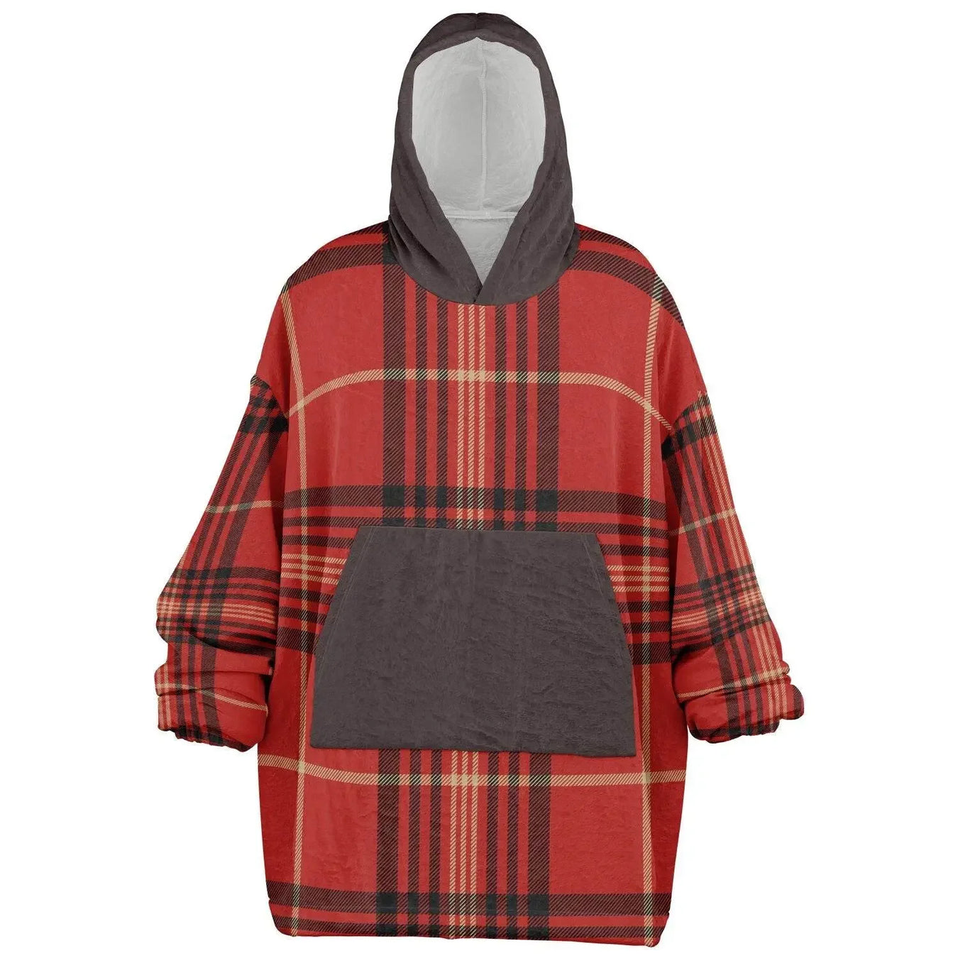 Red plaid oversized hoodie with front pocket and contrasting hood, cozy women's fashion at Ivorynn