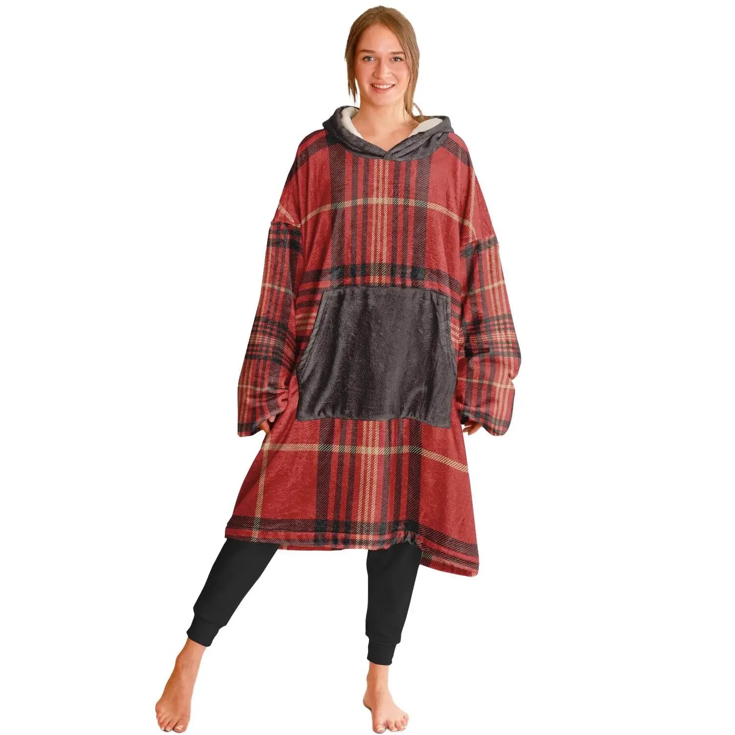 Woman wearing cozy oversized plaid hoodie with kangaroo pocket, IVORYNN loungewear