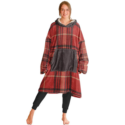 Woman wearing cozy oversized plaid hoodie with kangaroo pocket, IVORYNN loungewear