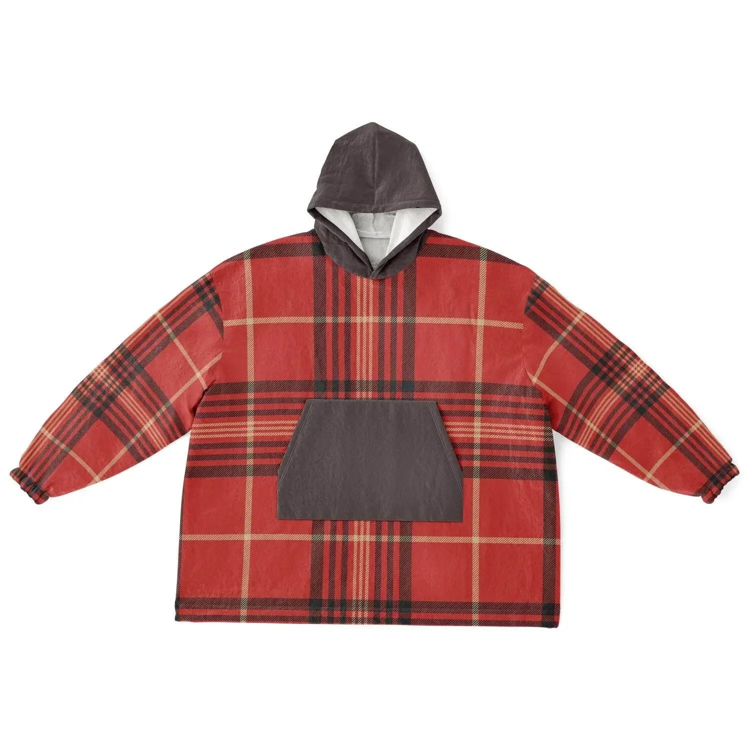 Cozy oversized women’s hoodie with red plaid pattern and gray hood from Ivorynn fashion