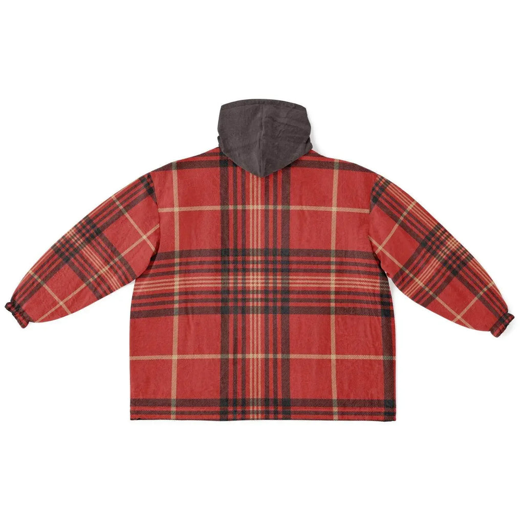 Back view of a red plaid women's cozy hoodie with a dark hood, Ivorynn fashion.