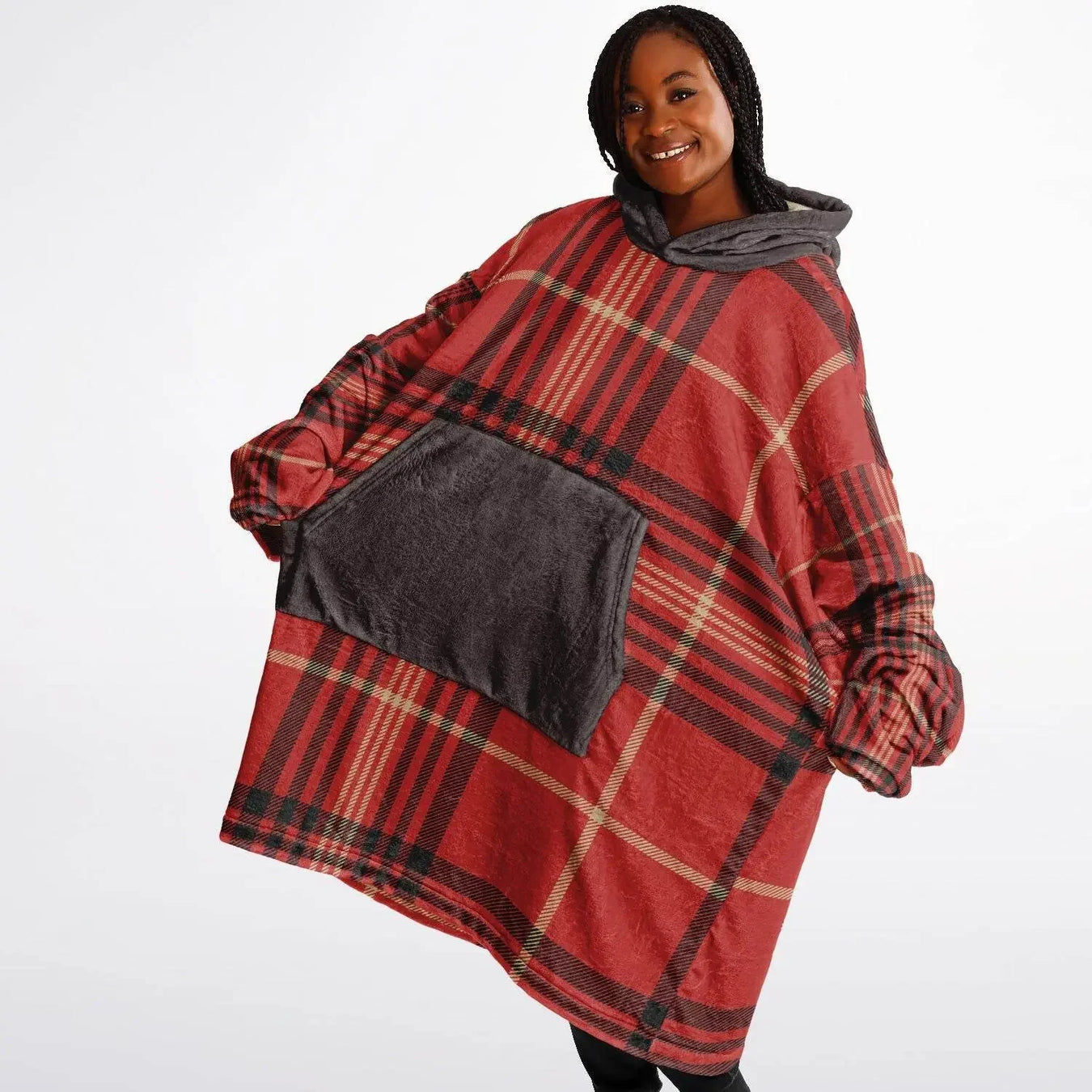 Woman wearing oversized red plaid cozy hoodie with gray hood and pocket, Ivorynn fashion