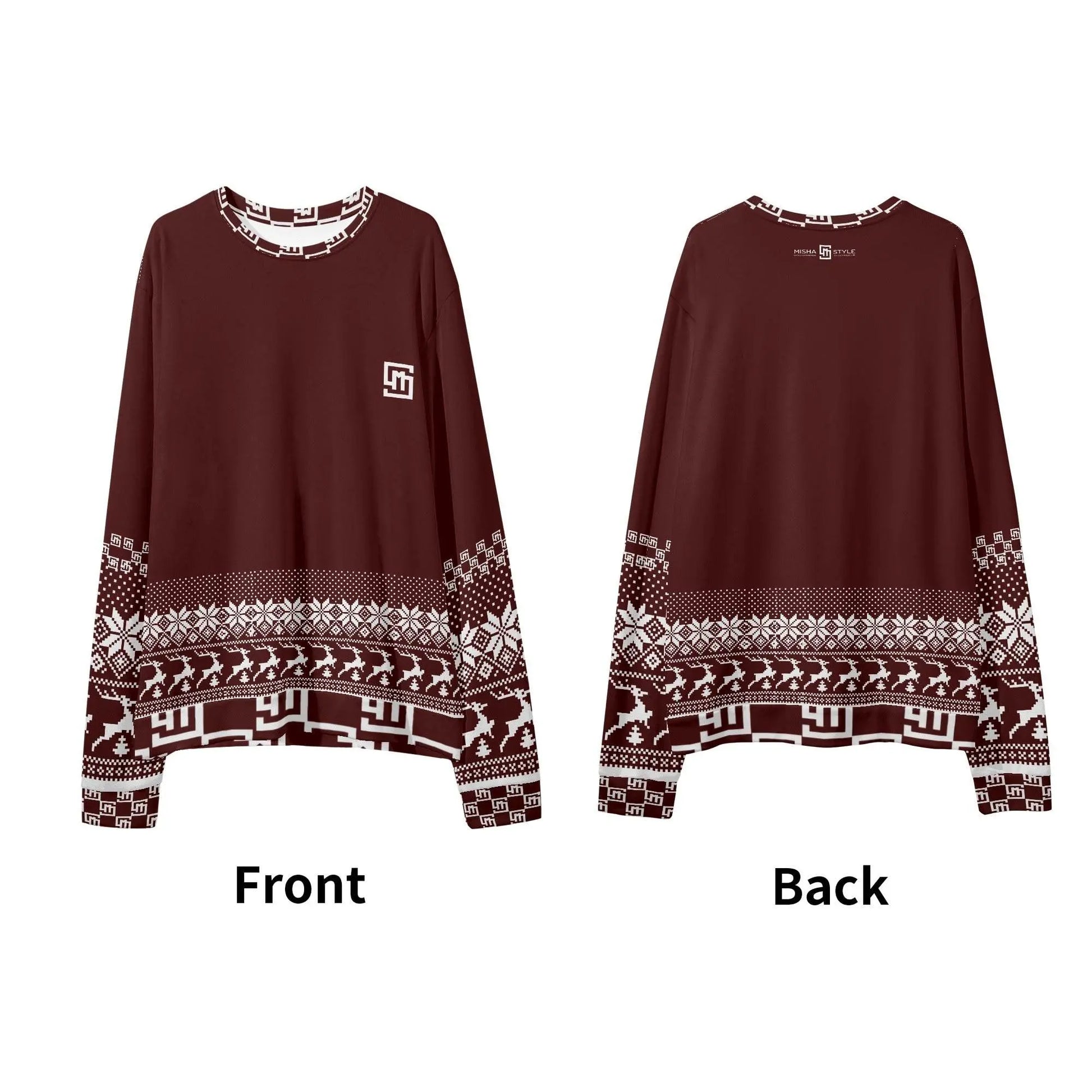 Unisex Christmas Loose Casual Red Brown Sweater - IVORYNN