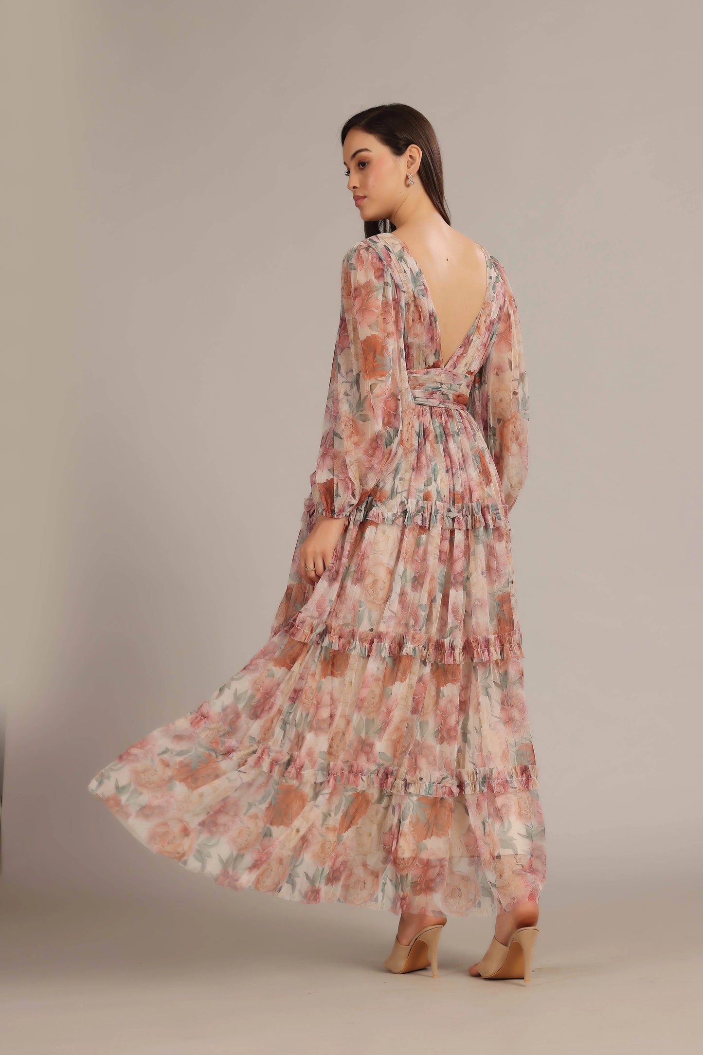 V-Neck Cinched Waist Floral Maxi Dress - IVORYNN
