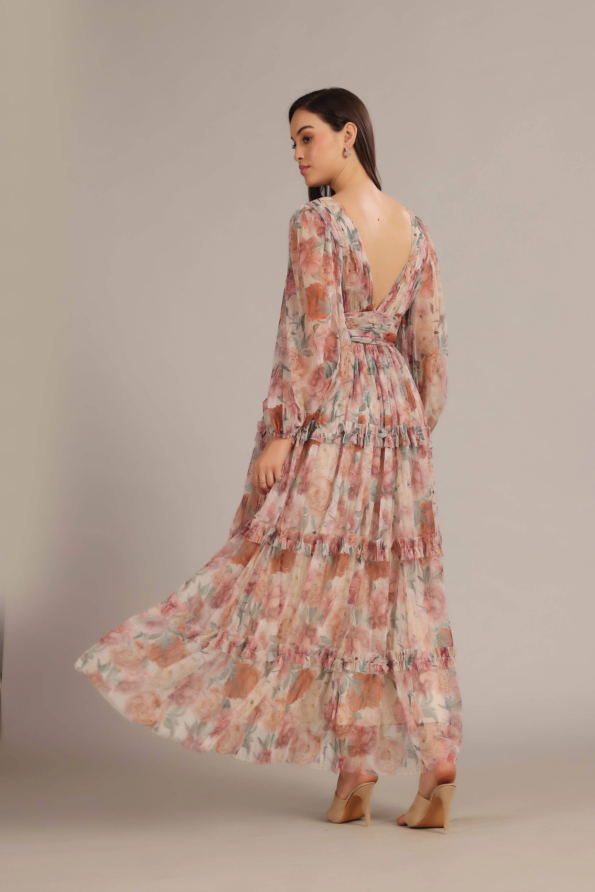 V-Neck Cinched Waist Floral Maxi Dress - IVORYNN