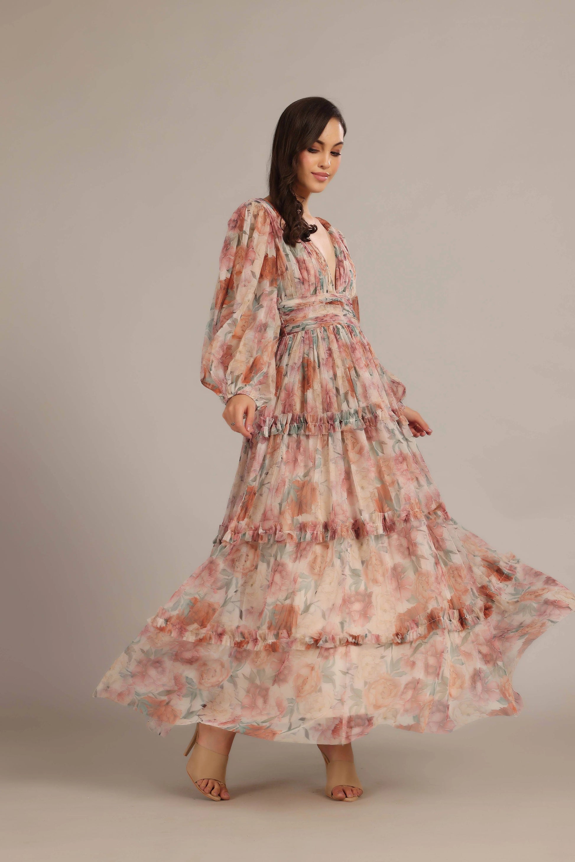 V-Neck Cinched Waist Floral Maxi Dress - IVORYNN