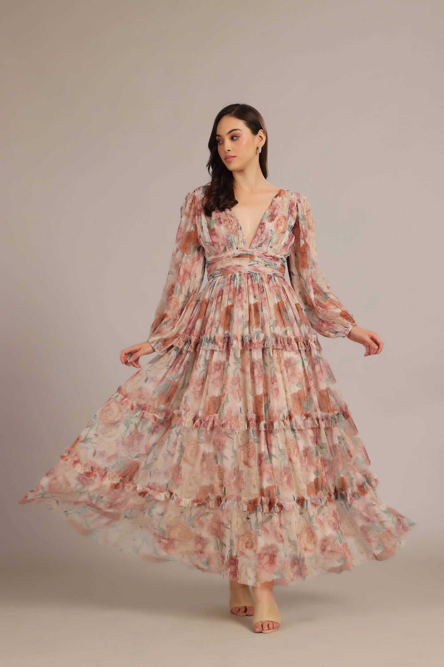 V-Neck Cinched Waist Floral Maxi Dress - IVORYNN