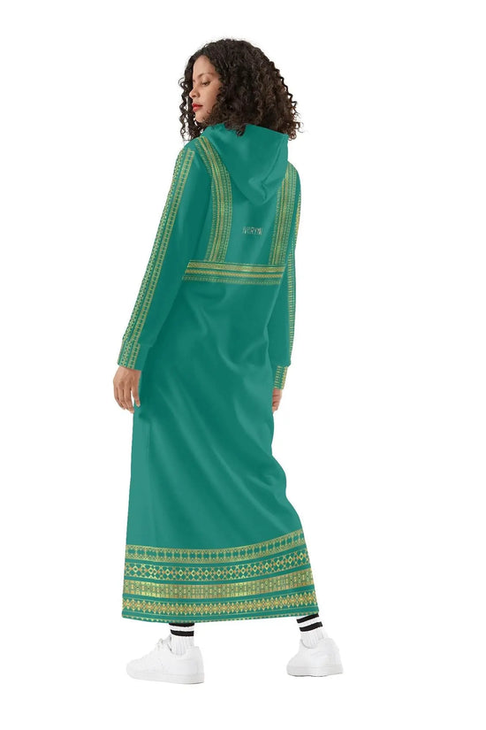 Velvet Casual Green Cyan Turquoise Long Hoodie Dress - IVORYNN