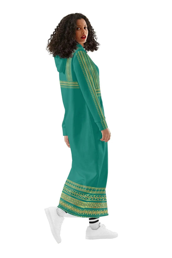 Velvet Casual Green Cyan Turquoise Long Hoodie Dress - IVORYNN