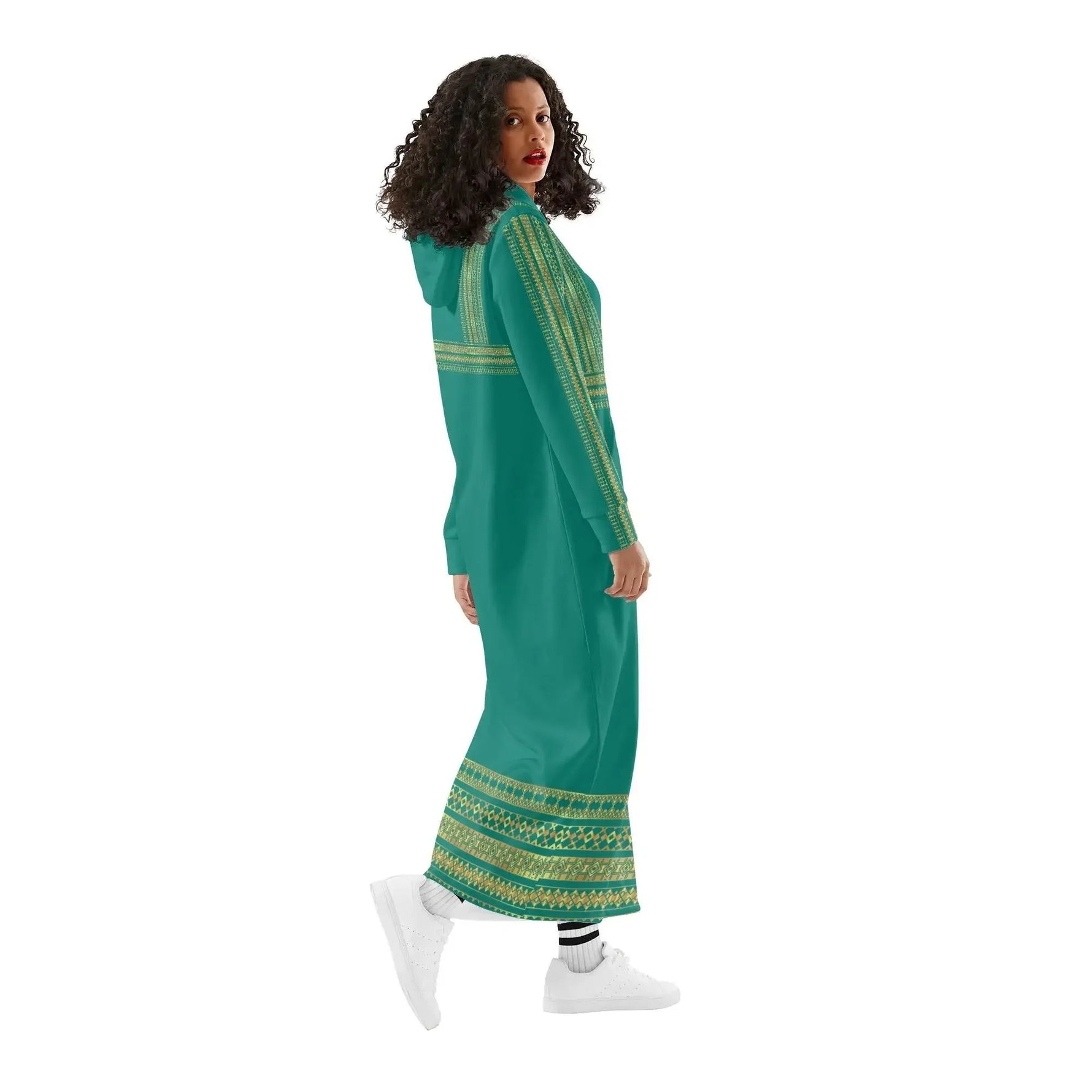 Velvet Casual Green Cyan Turquoise Long Hoodie Dress - IVORYNN