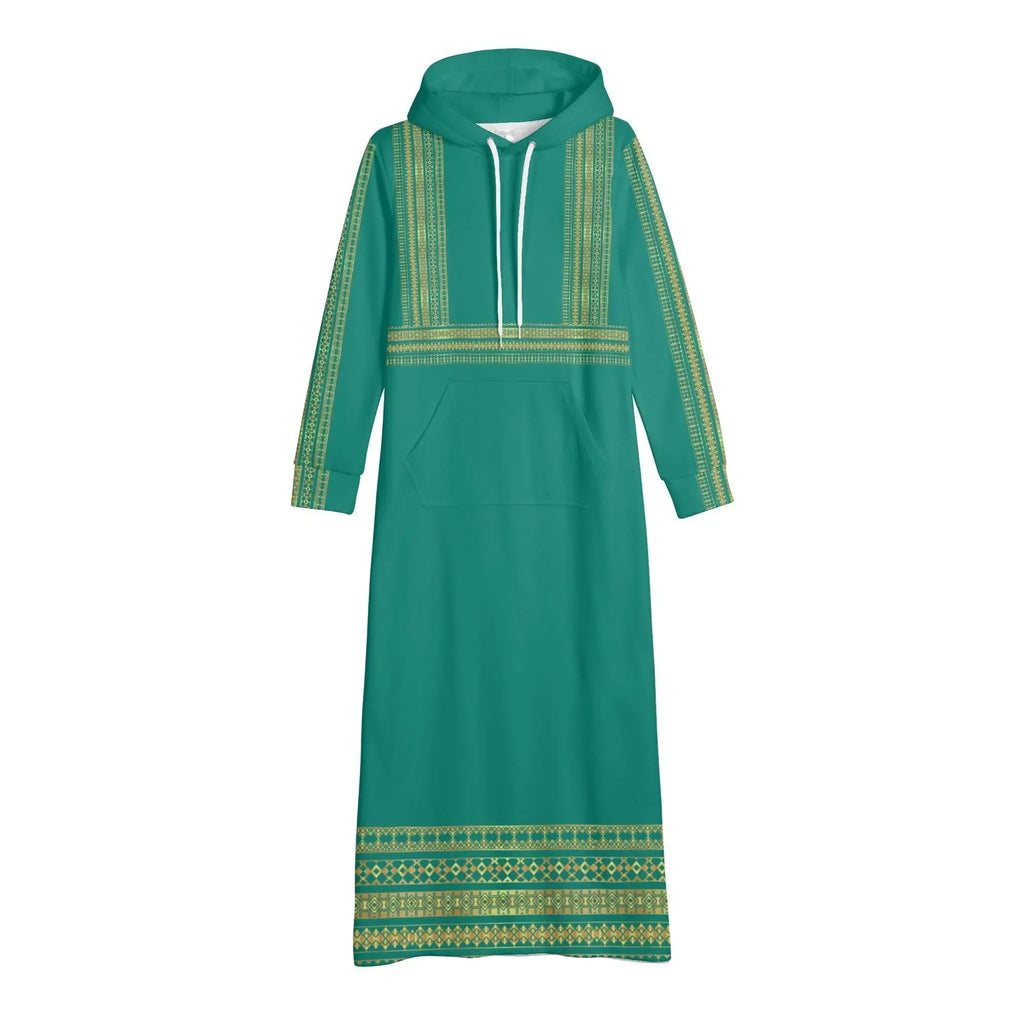 Velvet Casual Green Cyan Turquoise Long Hoodie Dress - IVORYNN
