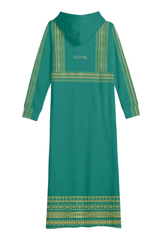 Velvet Casual Green Cyan Turquoise Long Hoodie Dress - IVORYNN