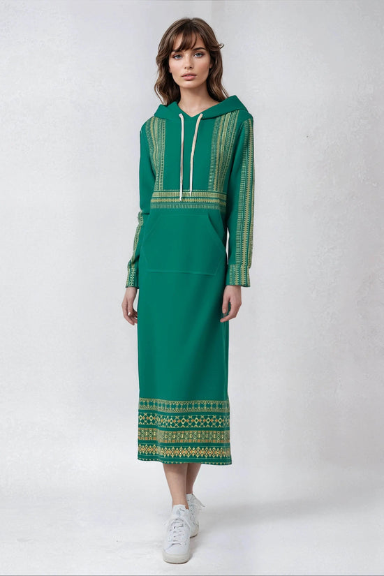 Velvet Casual Green Cyan Turquoise Long Hoodie Dress - IVORYNN