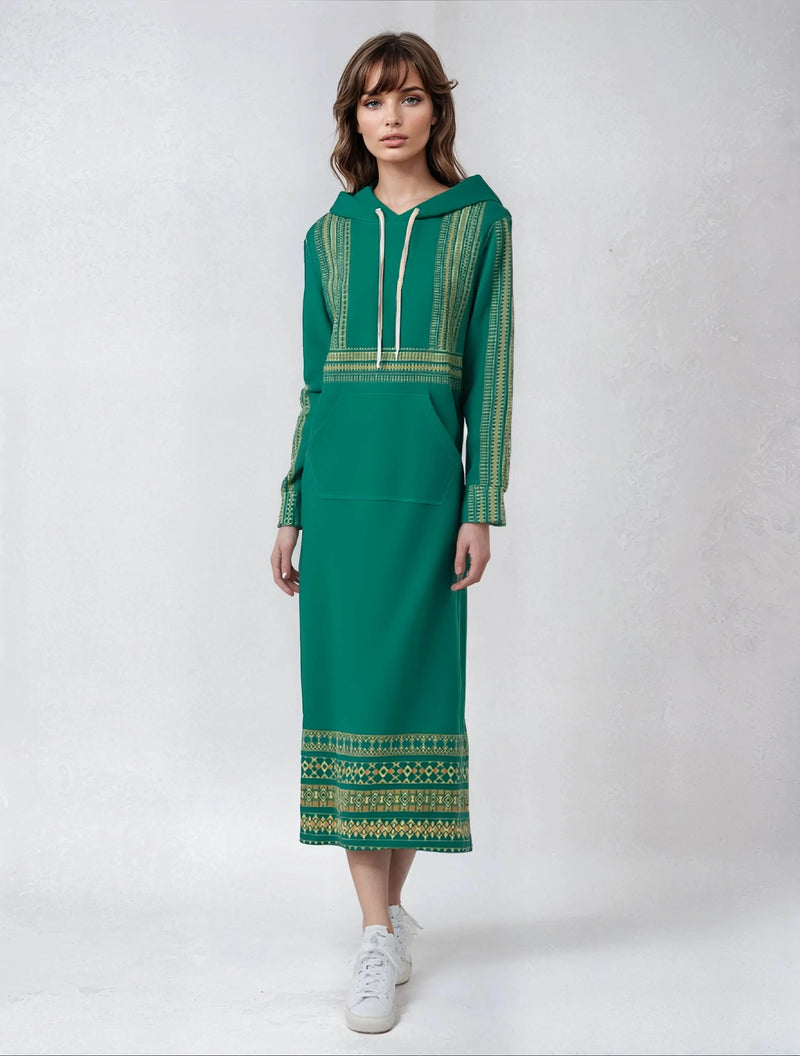 Velvet Casual Green Cyan Turquoise Long Hoodie Dress - IVORYNN