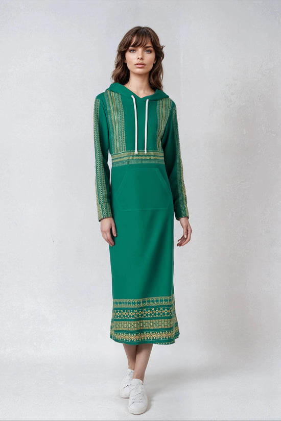 Velvet Casual Green Cyan Turquoise Long Hoodie Dress - IVORYNN