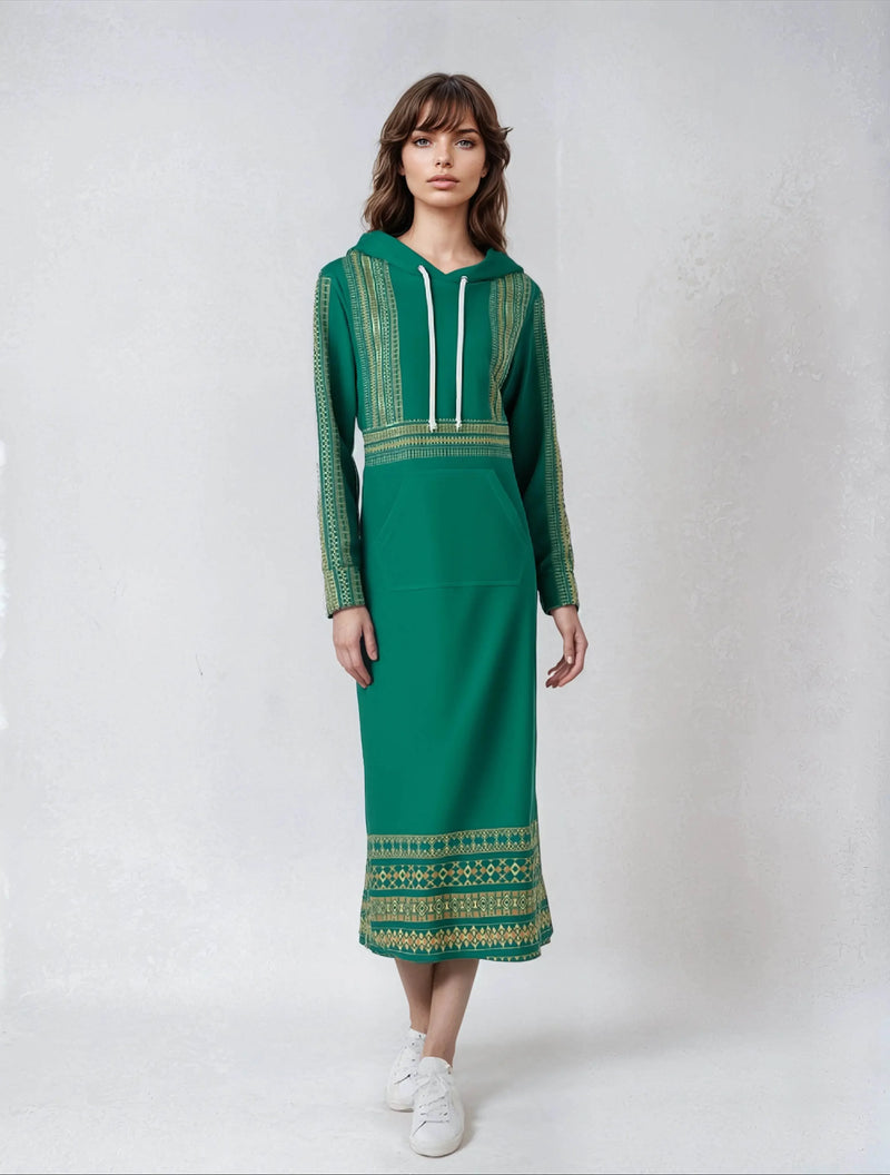 Velvet Casual Green Cyan Turquoise Long Hoodie Dress - IVORYNN