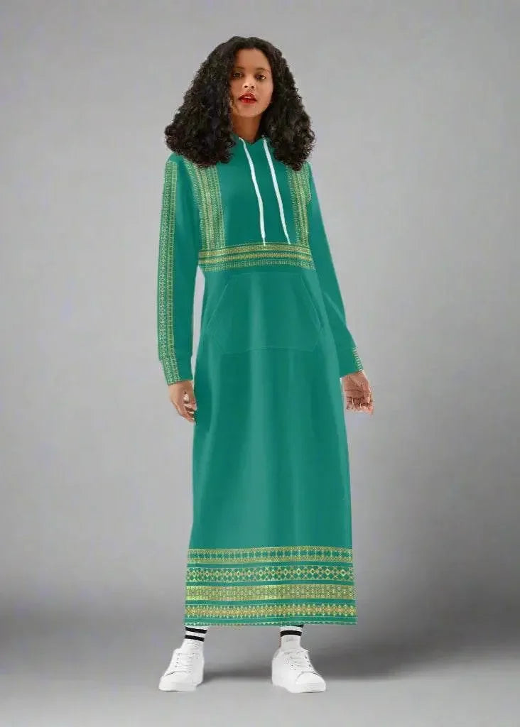 Velvet Casual Green Cyan Turquoise Long Hoodie Dress - IVORYNN