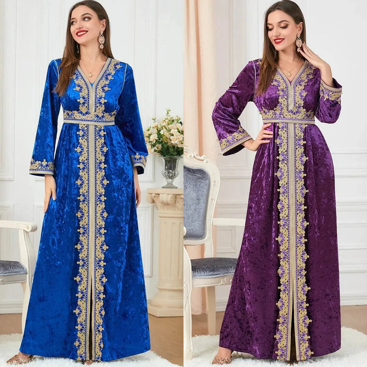 Velvet Gown Golden Ribbon Luxury Kaftan - IVORYNN