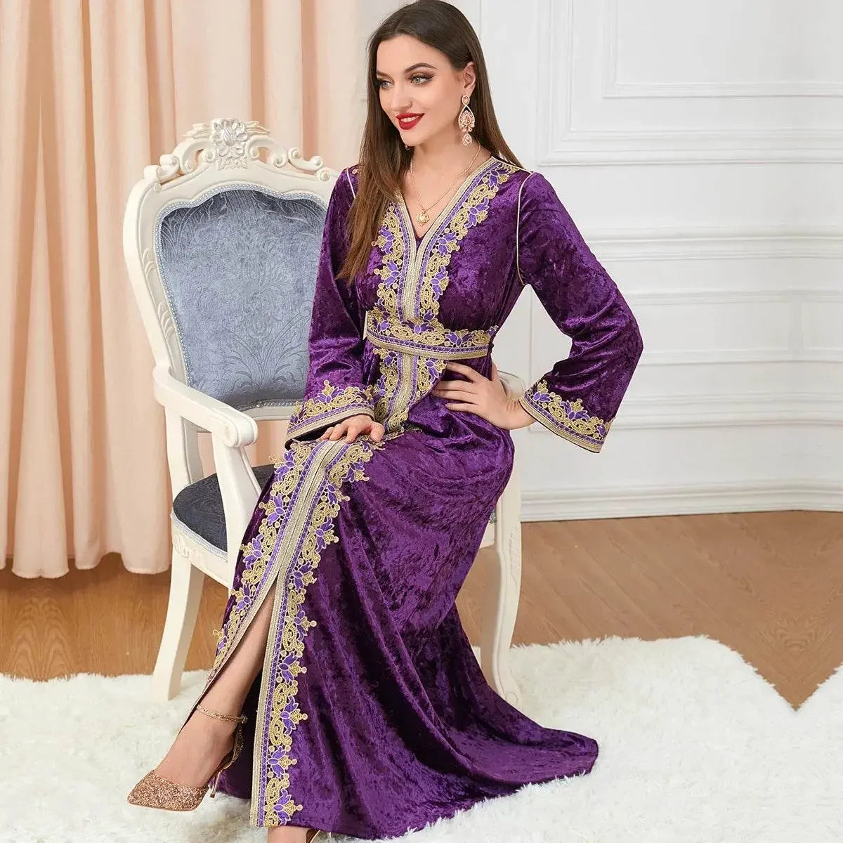 Velvet Gown Golden Ribbon Luxury Kaftan - IVORYNN